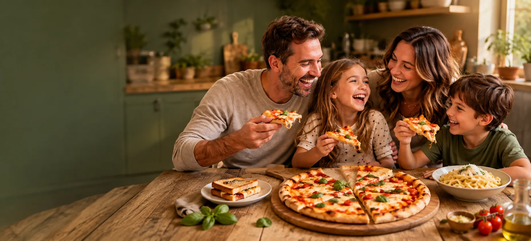 Familie am Tisch mit Pizza, Toast und Pasta — illustratives Werbebild, mit KI erstellt