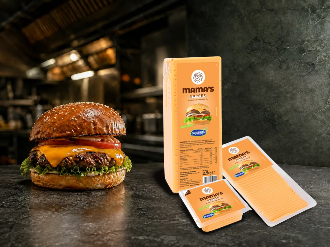 Produse – Brânză vegetală B2B 5 Mama’s Burger — tip Cheddar — compoziție publicitară cu ambalajul original păstrat