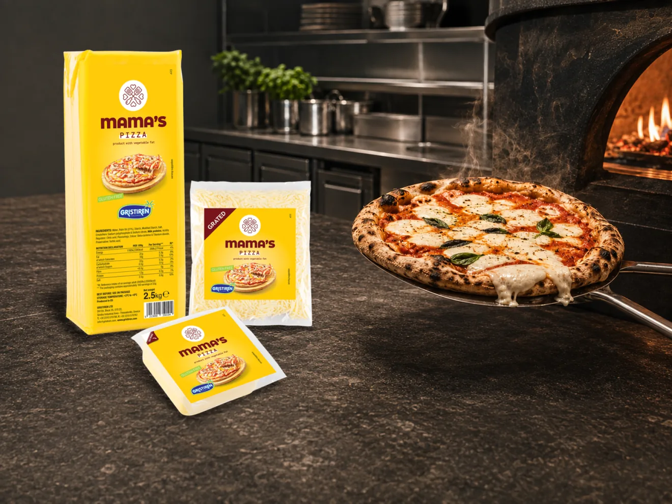 Produse – Brânză vegetală B2B 3 Mama’s Pizza — tip Gouda — compoziție publicitară cu ambalajul original păstrat