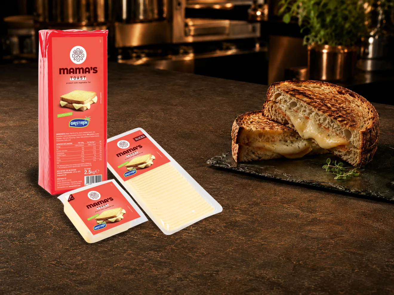 Produse – Brânză vegetală B2B 4 Mama’s Toast — tip Edam — compoziție publicitară cu ambalajul original păstrat