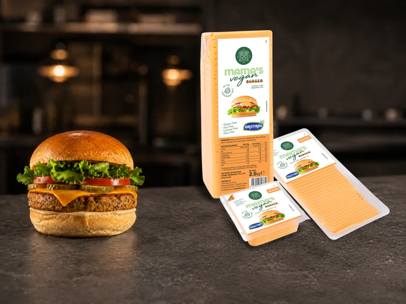 Produse – Brânză vegetală B2B 10 Mama’s Vegan Burger — tip Cheddar — compoziție publicitară cu ambalajul original păstrat